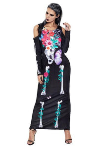 BFJFY Halloween Women Flower Skull Skeleton Scary Cosplay Long Dress - BFJ Cosmart