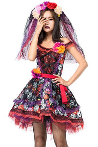 BFJFY Halloween Women's Rose Skull Pattern Ghost Bride Cosplay Costume - BFJ Cosmart