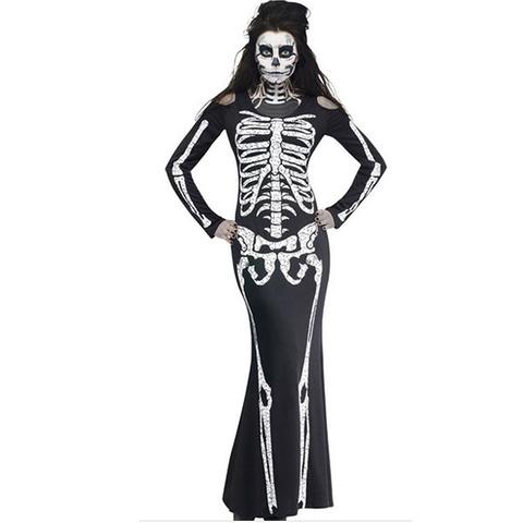 BFJFY Halloween Cosplay Costume Women Skull Pettern Scary Bones Long Dress - BFJ Cosmart